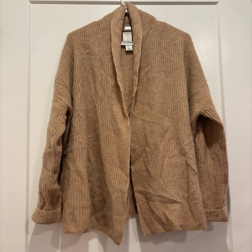 Joie 100% 2-Ply Cashmere Open Front Cardigan Tan Waffle Knit Shawl Collar Small